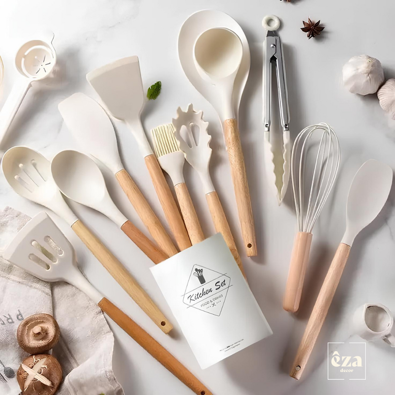 Kit 12 Utensílios de Cozinha Completo com Cabo de Madeira ÊZA Chef - EZA12C