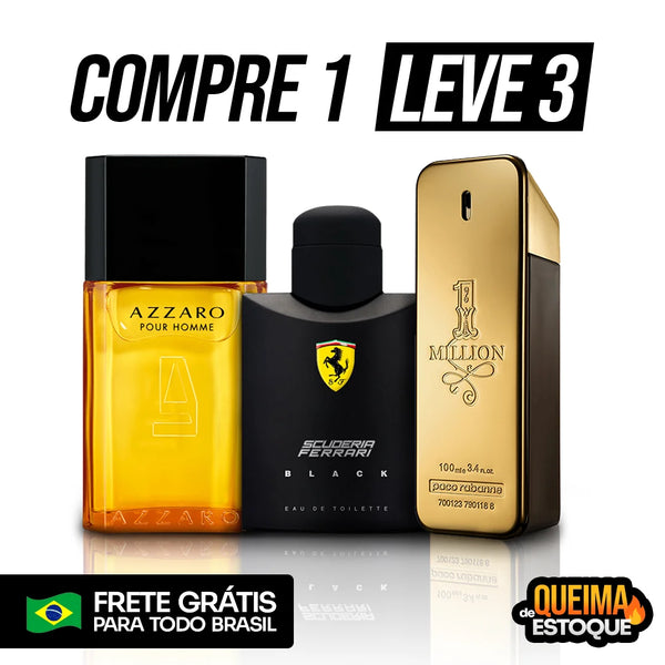 3 Perfumes Masculinos Importados (100ml) - Ferrari Black | AZZARO | 1 Million (3 Anos Loja Castle)