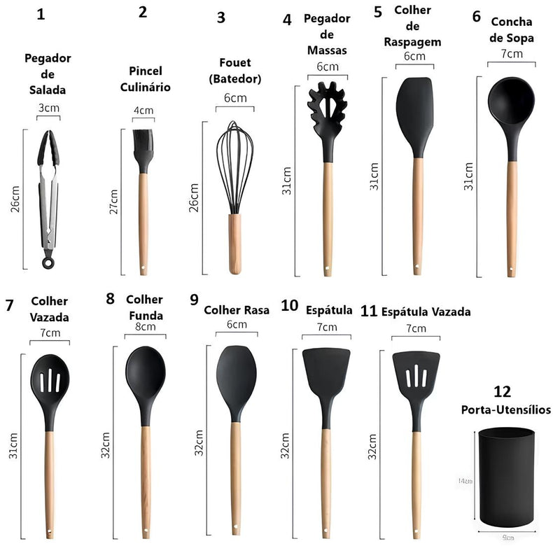 Kit 12 Utensílios de Cozinha Completo com Cabo de Madeira ÊZA Chef - EZA12C